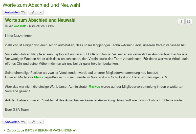 GSA: Meldung zu Leons Abschied (Screenshot)